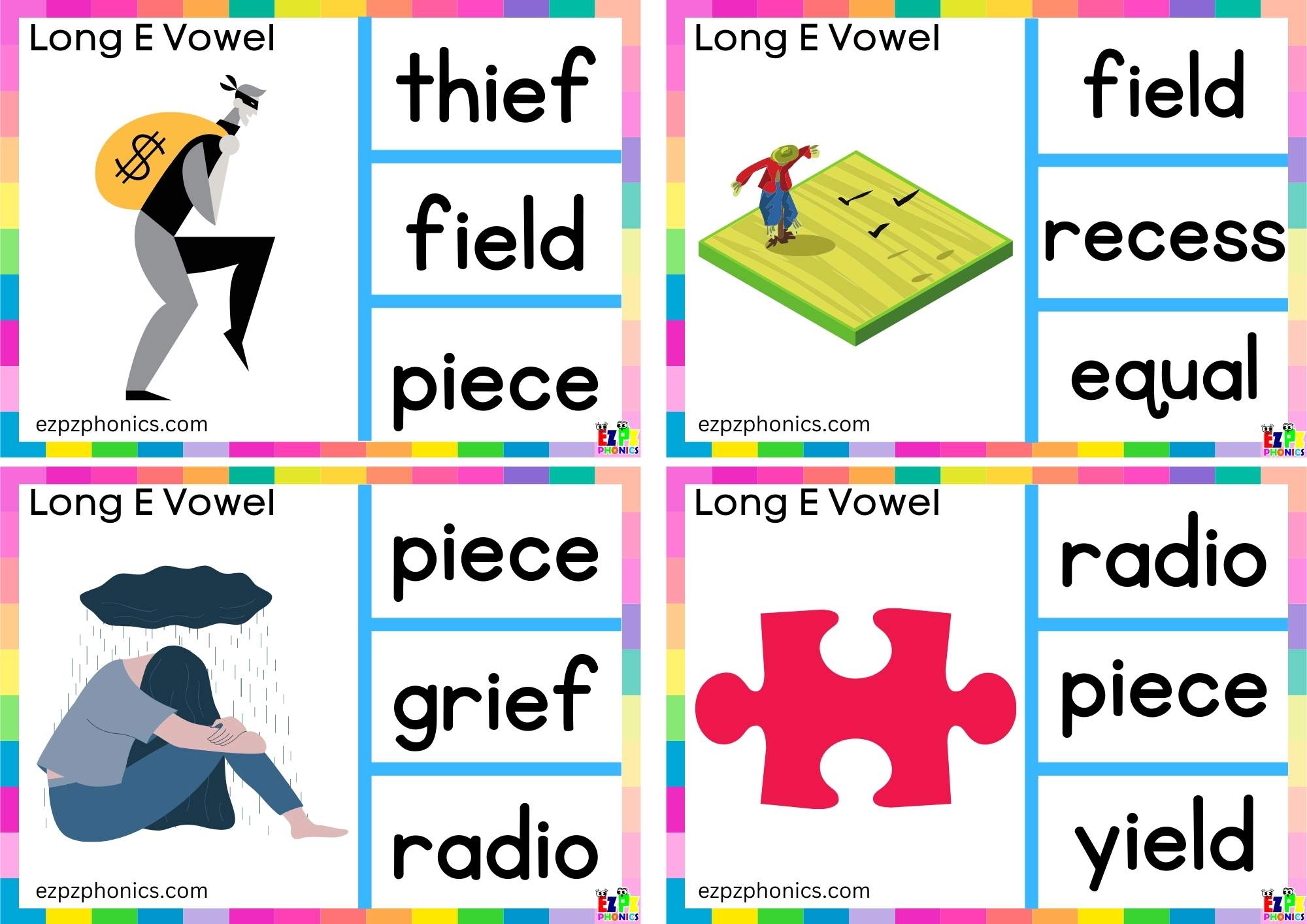 Look at the image and clip the correct word Long e vowel ie words Clip cards